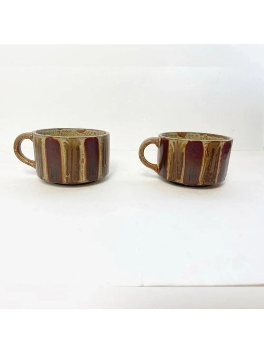 Set Of 2 Vintage Oversized Stoneware Mugs Large Tea Coffee Latte MCM Striped
